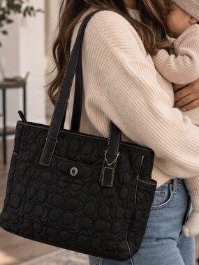 Coach Signature Quilted Nylon Diaper Bag Tote Black Leather Trim Style 5168